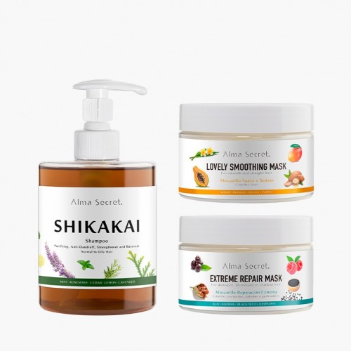 PACK CAPILAR SHIKAKAI + LOVELY SMOOTHING MASK + EXTREME REPAIR MASK.