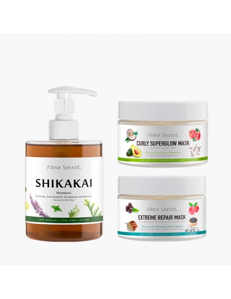 PACK CAPILAR CHAMPÚ SHIKAKAI + CURLY SUPERGLOW MASK + EXTREME REPAIR MASK