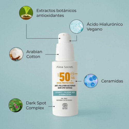 CREMA FACIAL CON ALTA PROTECCIÓN SOLAR SPF 50, CERAMIDAS Y COMPLEJO ANTIMANCHAS